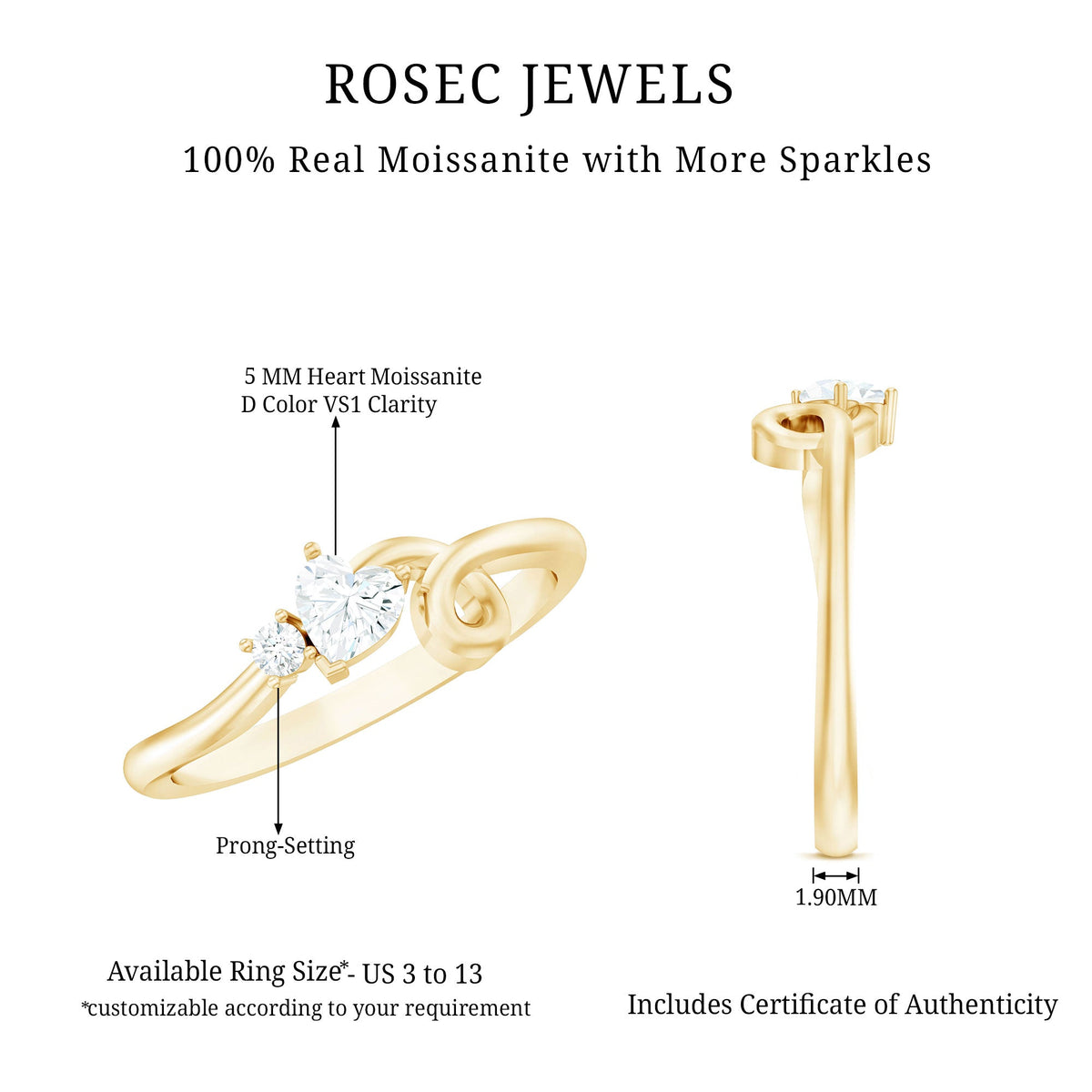 Certified Moissanite Heart Promise Ring with twisted shank, featuring a sparkling heart-shaped center stone and elegant band design.