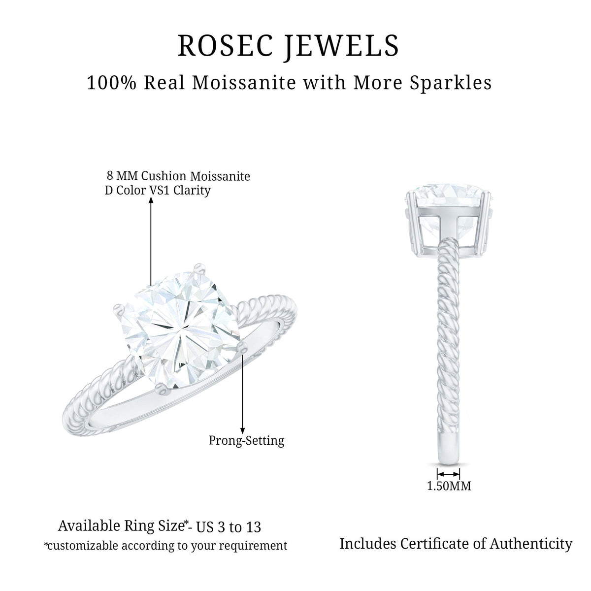 3 CT Certified Moissanite Cushion Cut Engagement Ring