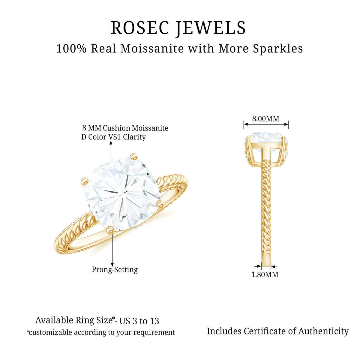 Cushion Cut Moissanite Solitaire Engagement Ring with Twisted Rope