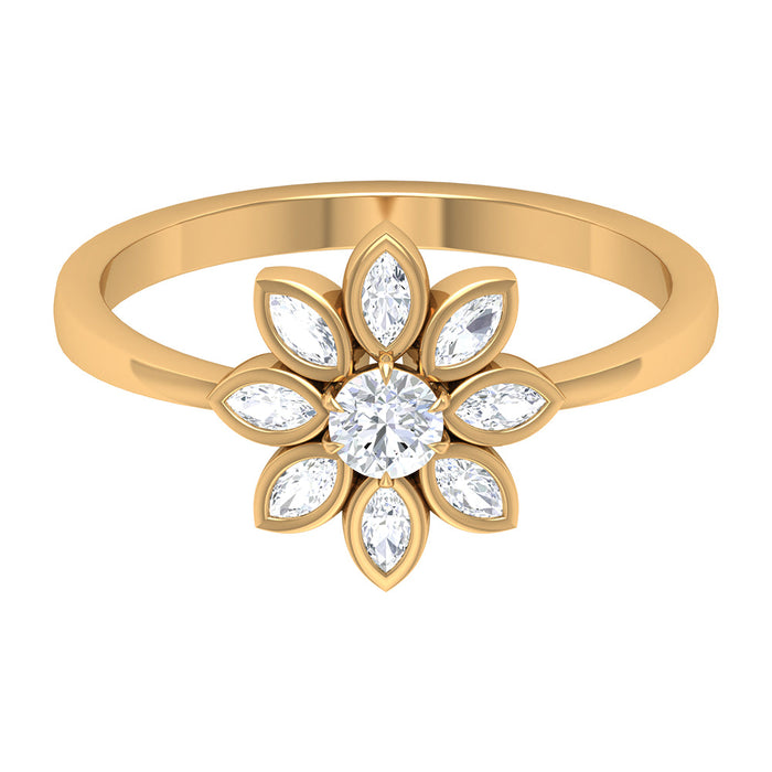 Round and marquise zircon flower ring by Rosec Jewels featuring sparkling gemstone accents and intricate floral design.