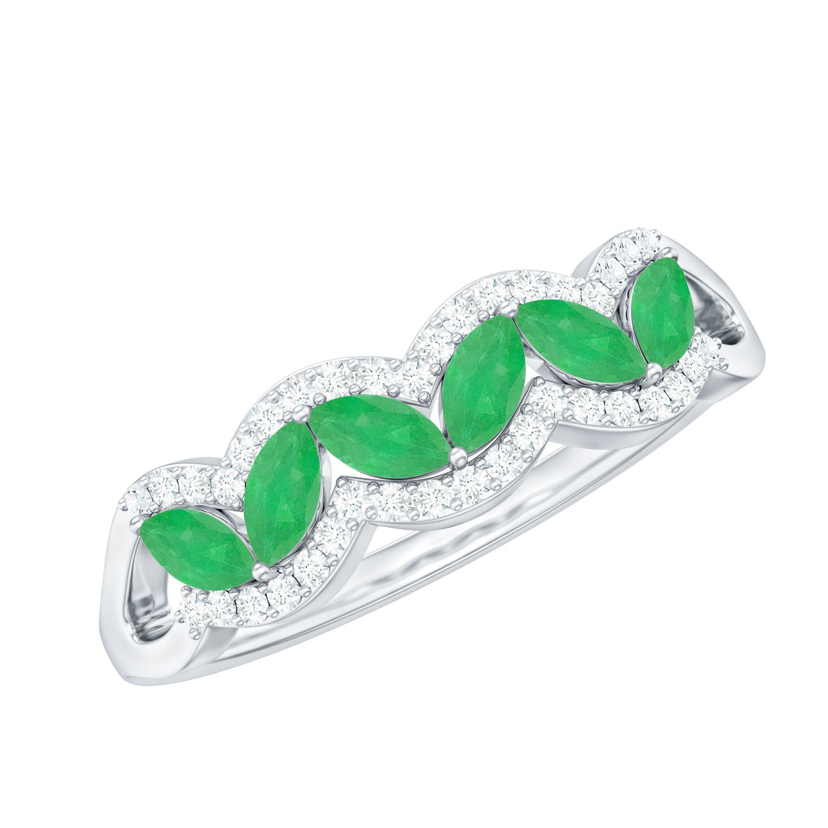 Natural marquise emerald half eternity ring with diamond accents, showcasing Rosec Jewels' elegant jewelry design.