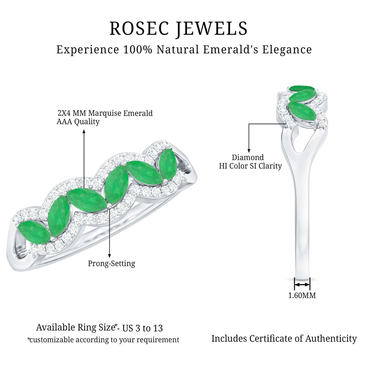 Natural marquise emerald half eternity ring with diamonds by Rosec Jewels, showcasing the detailed gemstone setting and elegant design.