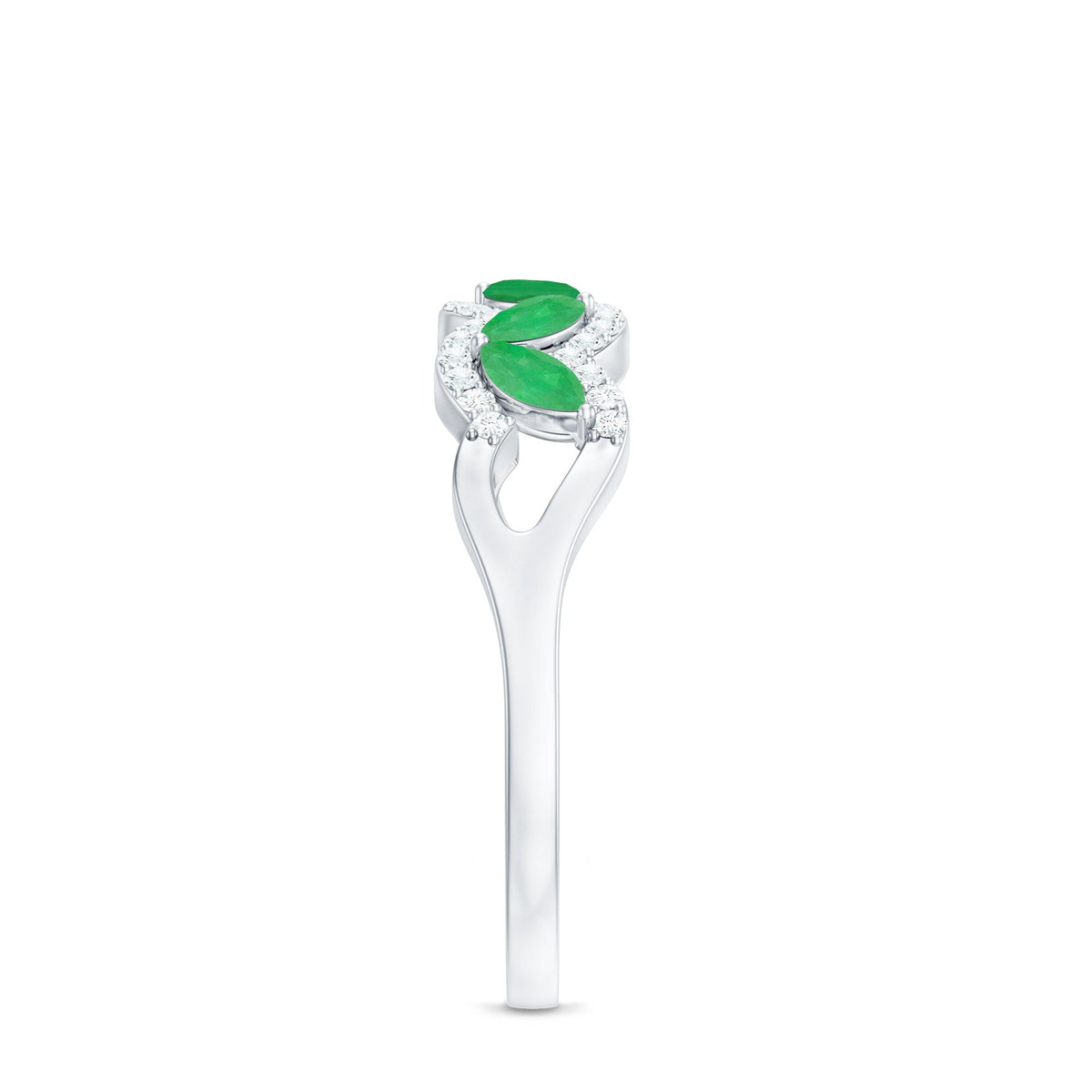 Natural marquise emerald half eternity ring with diamond accents from Rosec Jewels, showcasing sparkling gemstones and intricate band detail.