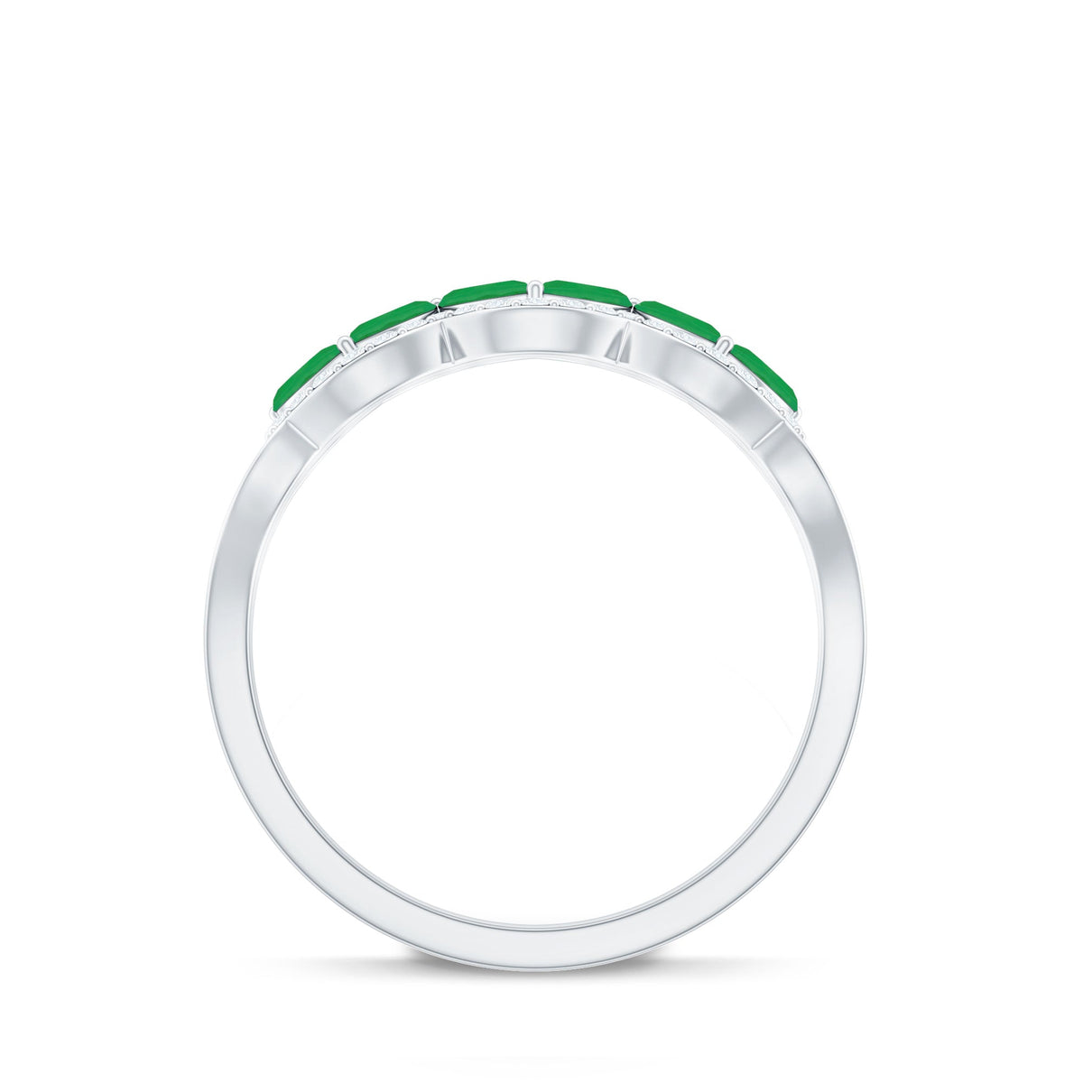 Natural marquise emerald half eternity ring with small diamonds by Rosec Jewels, showcasing alternating emeralds and diamonds in a gold band.