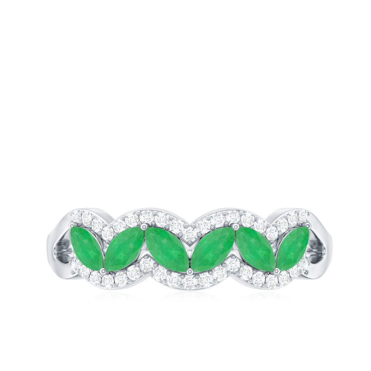 Natural marquise emerald half eternity ring with diamond accents from Rosec Jewels, showcasing a row of emerald and diamond in a delicate band.