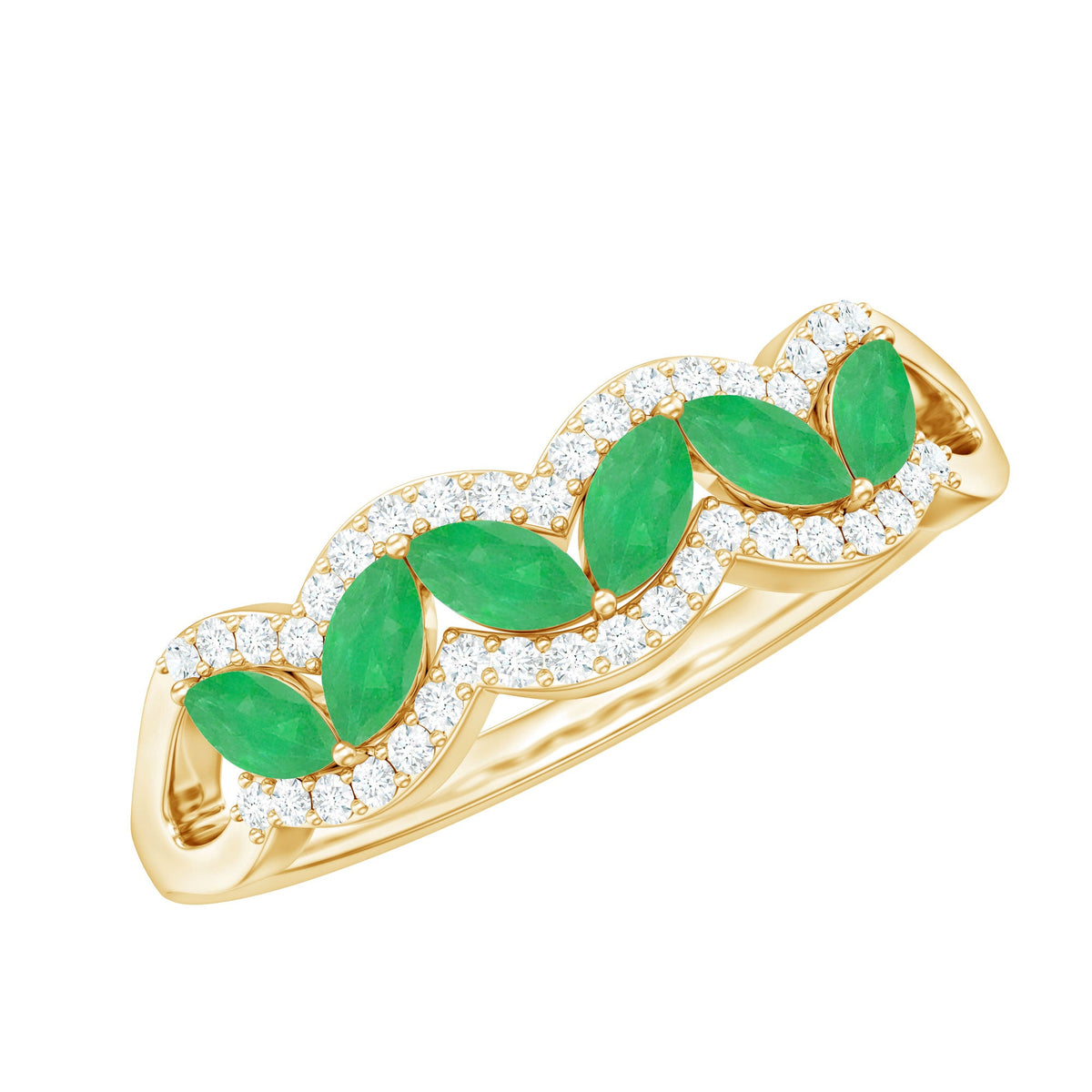 Natural marquise emerald half eternity ring with diamonds, Rosec Jewels anniversary ring showcasing elegant gemstone and diamond accents.