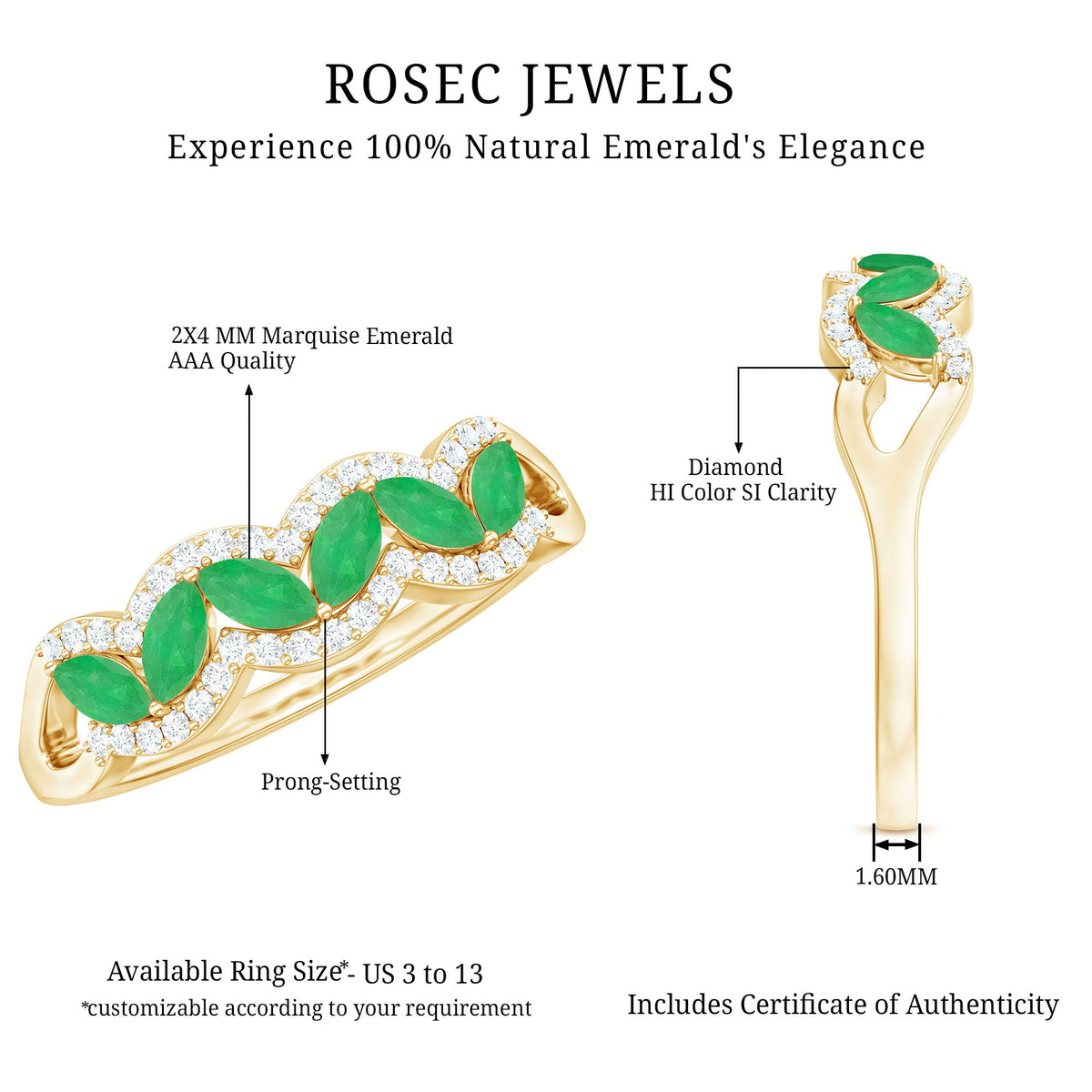 Natural marquise emerald half eternity ring with diamonds, crafted by Rosec Jewels, showcasing a row of emerald and diamond accents.