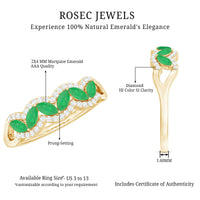 Natural marquise emerald half eternity ring with diamonds, crafted by Rosec Jewels, showcasing a row of emerald and diamond accents.