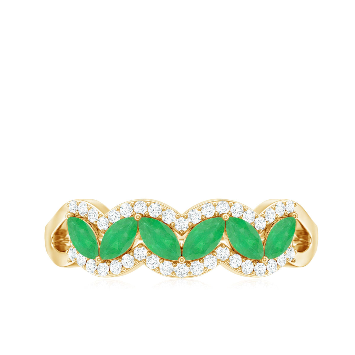 Natural marquise emerald half eternity ring with diamonds, crafted by Rosec Jewels, showcasing elegant gemstone and diamond detailing.