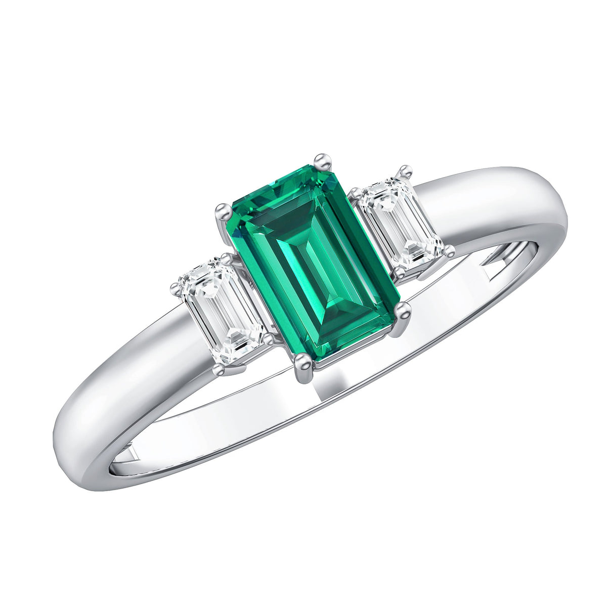 Emerald cut emerald and diamond 3 stone promise ring for women by Rosec Jewels, showcasing sparkling gemstones and elegant design.