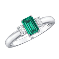 Emerald cut emerald and diamond 3 stone promise ring for women by Rosec Jewels, showcasing sparkling gemstones and elegant design.