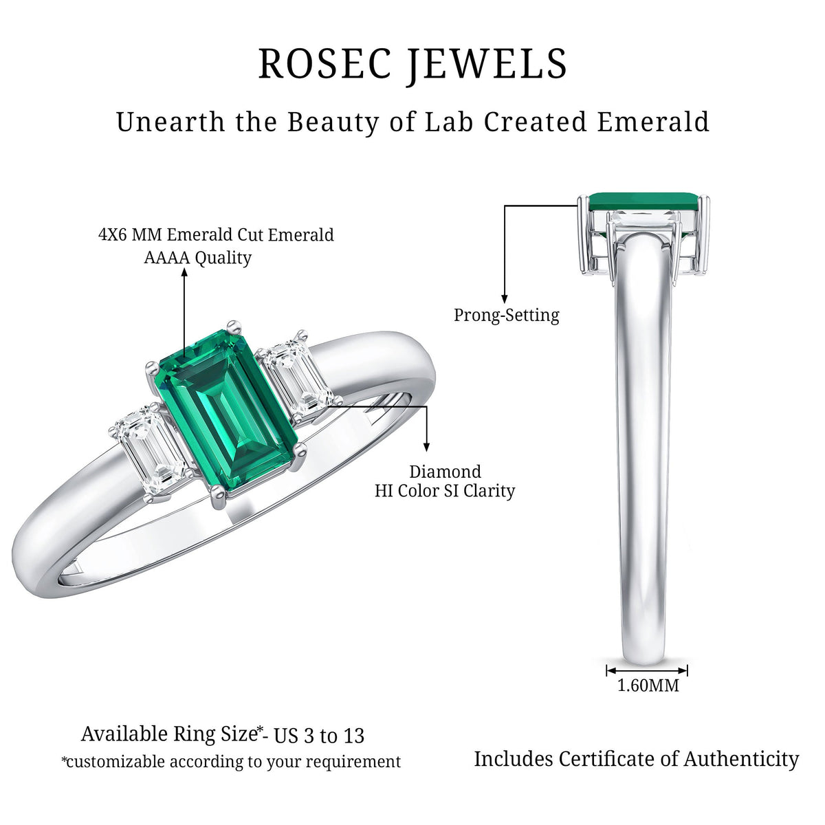 Emerald cut emerald and diamond 3 stone promise ring for her by Rosec Jewels, featuring sparkling gemstones and elegant design.