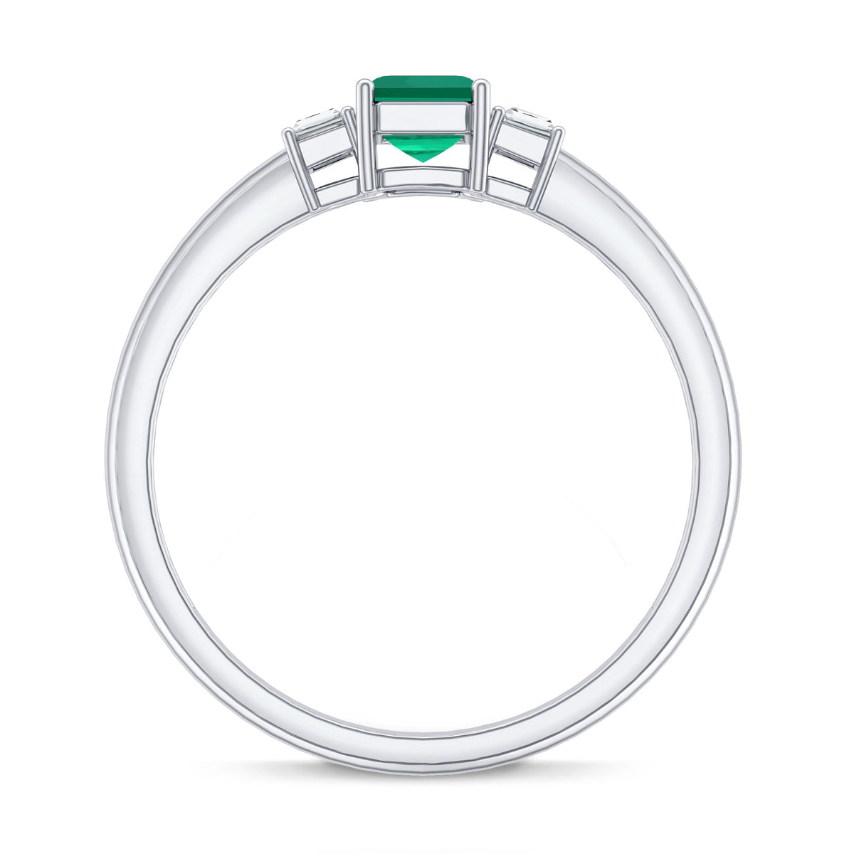 Emerald cut emerald and diamond 3-stone promise ring for her by Rosec Jewels, featuring a sleek gold band and sparkling gemstones.