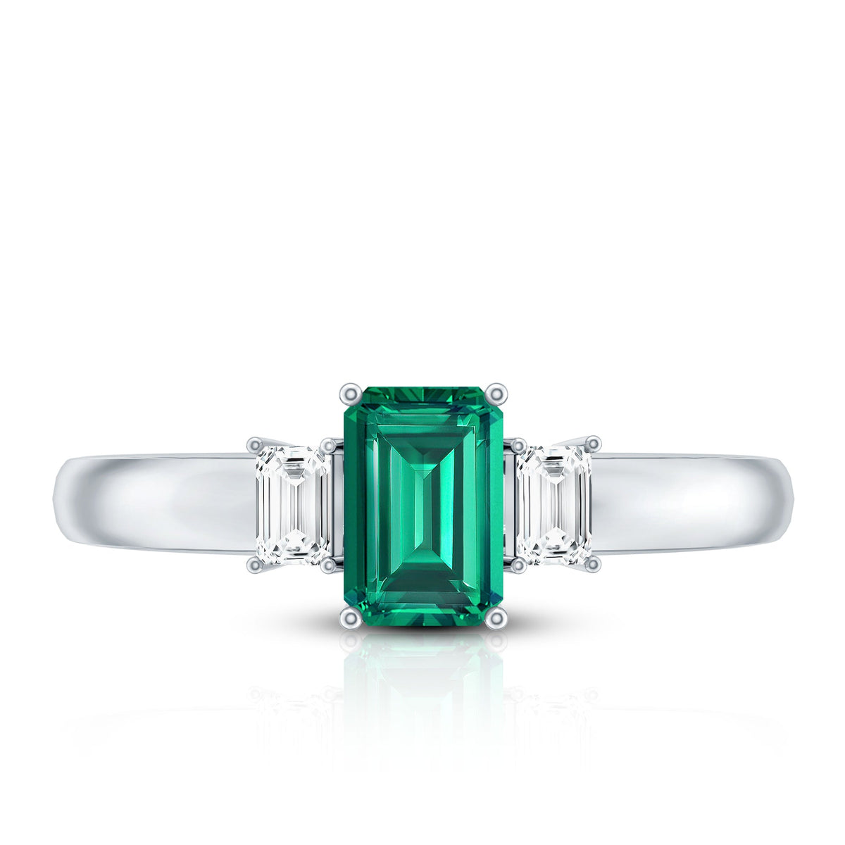 Emerald cut emerald and diamond 3-stone promise ring for her, featuring sparkling gemstones set in a delicate rose gold band.