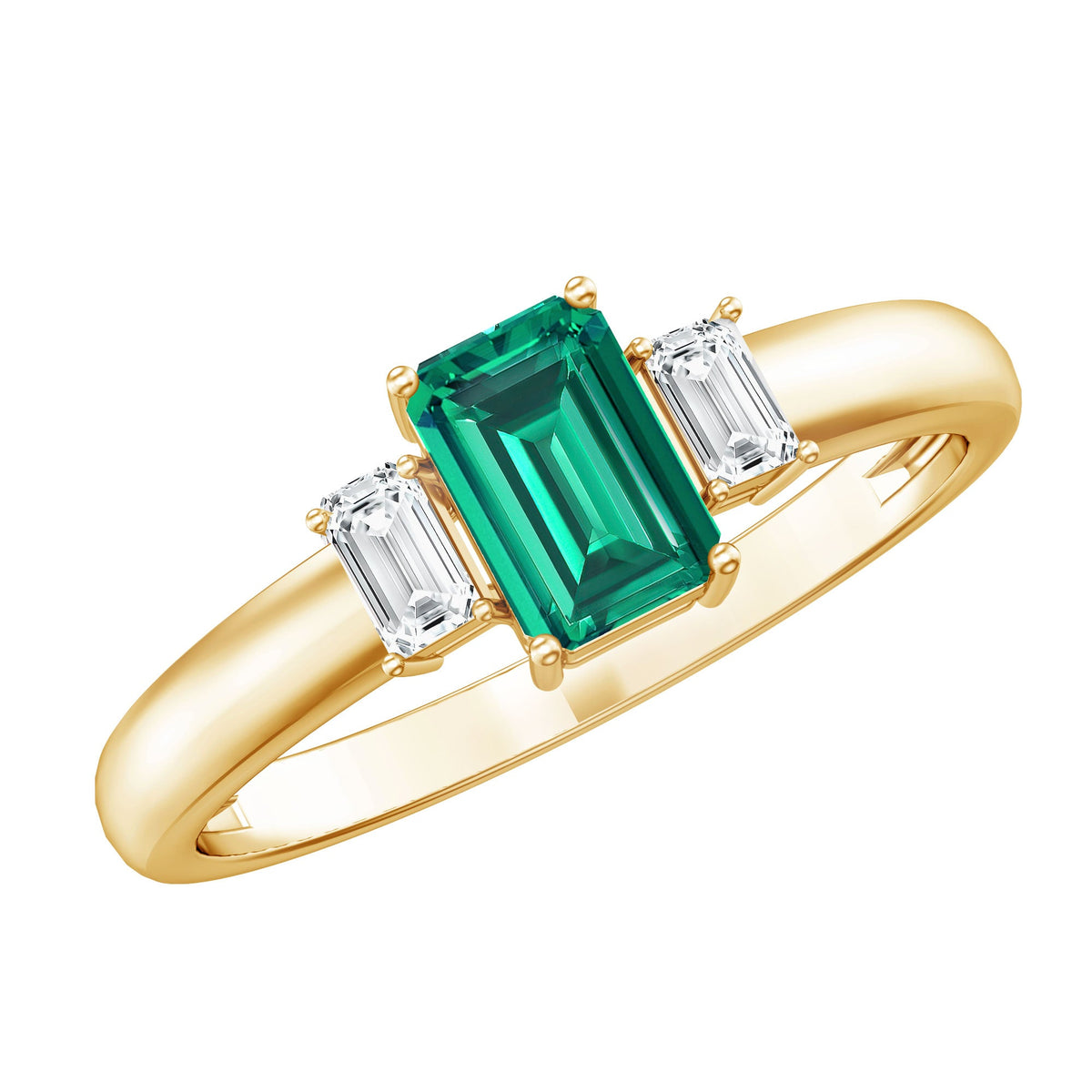 Emerald cut emerald and diamond 3-stone promise ring for her by Rosec Jewels, showcasing elegant platinum band and sparkling gemstones.