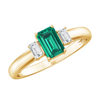 Emerald cut emerald and diamond 3-stone promise ring for her by Rosec Jewels, showcasing elegant platinum band and sparkling gemstones.