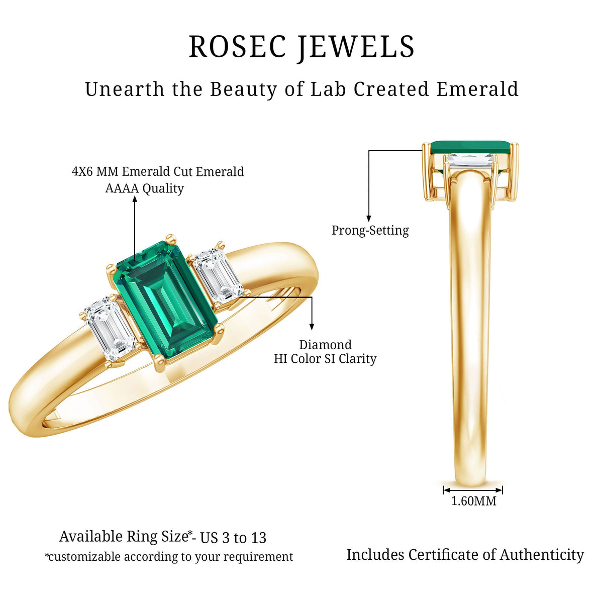 Emerald cut emerald and diamond three-stone promise ring for women by Rosec Jewels, featuring a sleek gold band and elegant design.