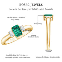 Emerald cut emerald and diamond three-stone promise ring for women by Rosec Jewels, featuring a sleek gold band and elegant design.