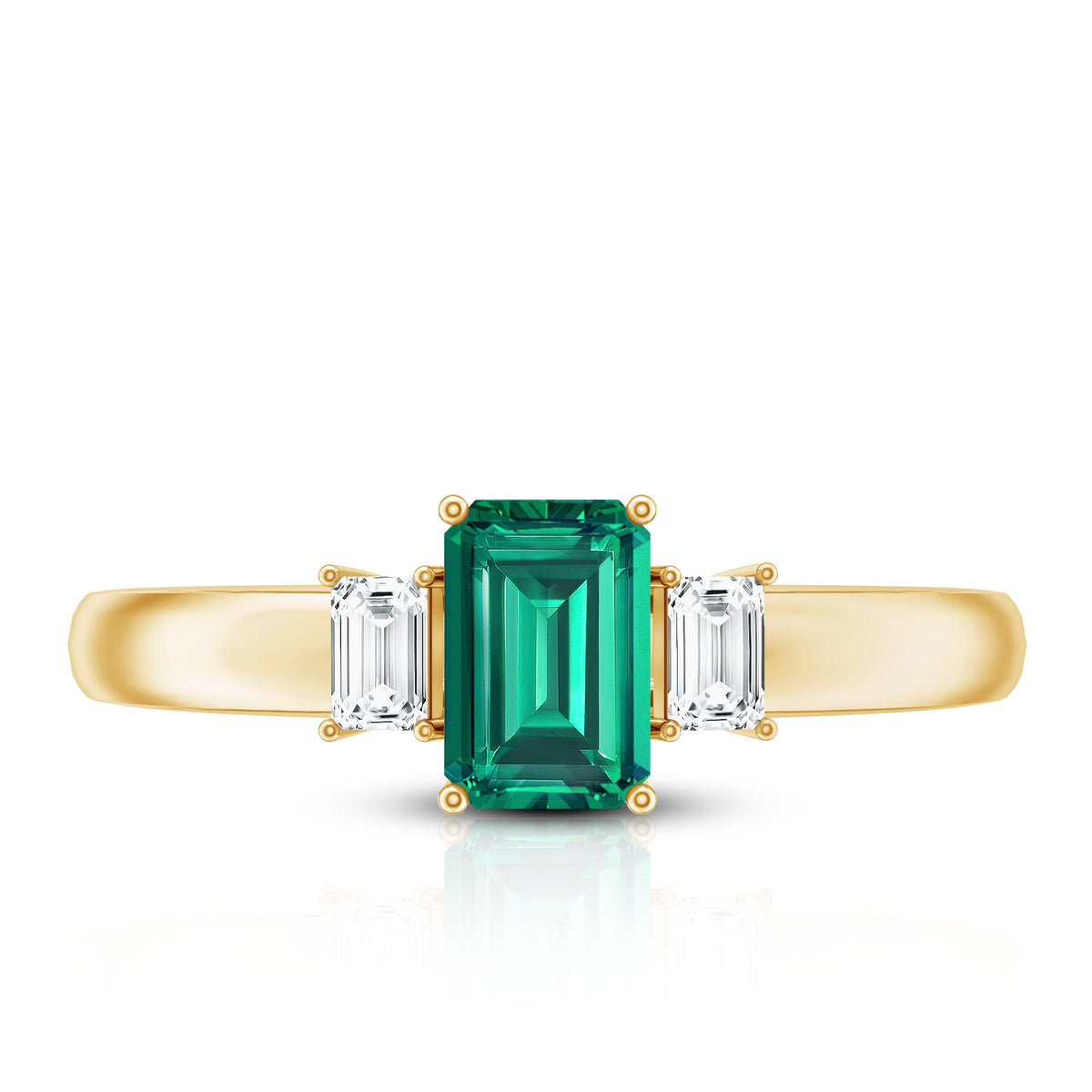 Emerald cut emerald and diamond 3-stone promise ring for women by Rosec Jewels, featuring sparkling gemstones and elegant design.