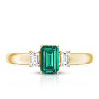 Emerald cut emerald and diamond 3-stone promise ring for women by Rosec Jewels, featuring sparkling gemstones and elegant design.
