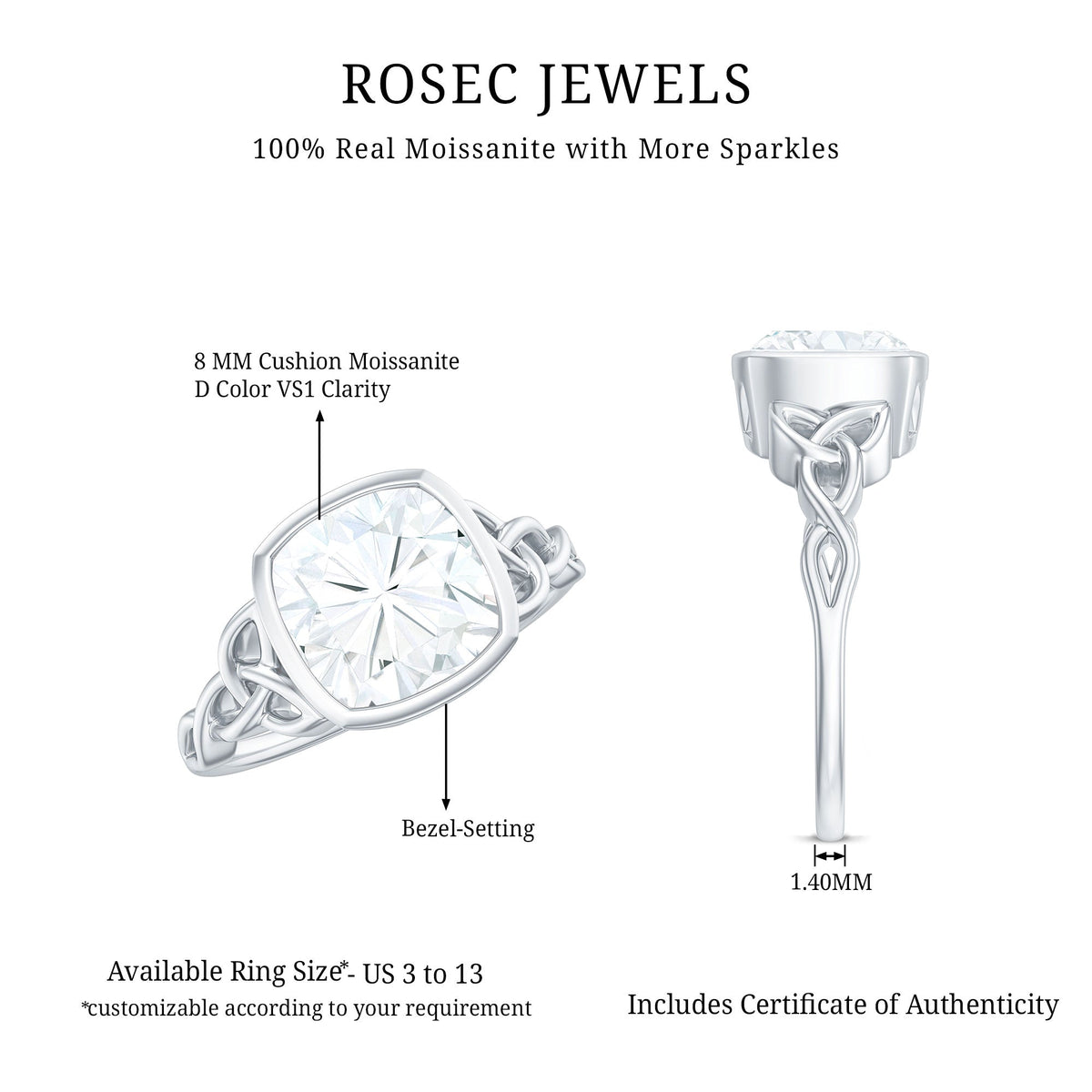 Cushion Cut Moissanite Solitaire Celtic Knot Ring in Bezel Setting
