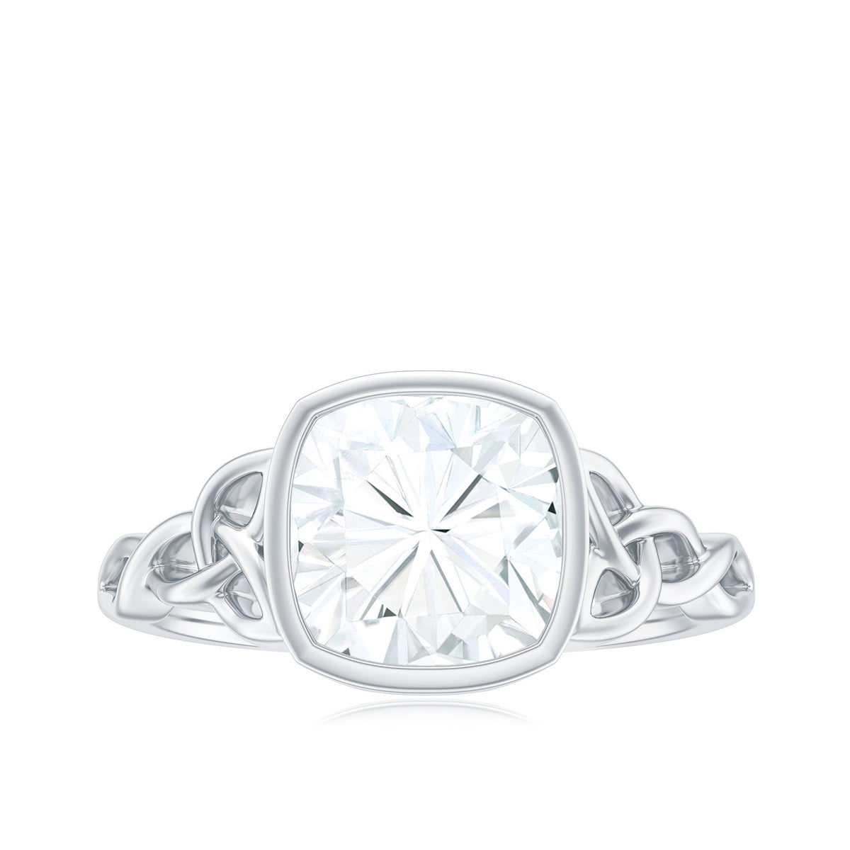 Cushion Cut Moissanite Solitaire Celtic Knot Ring in Bezel Setting