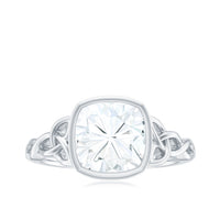 Cushion Cut Moissanite Solitaire Celtic Knot Ring in Bezel Setting