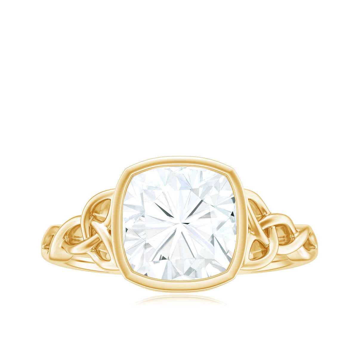 Cushion Cut Moissanite Solitaire Celtic Knot Ring in Bezel Setting