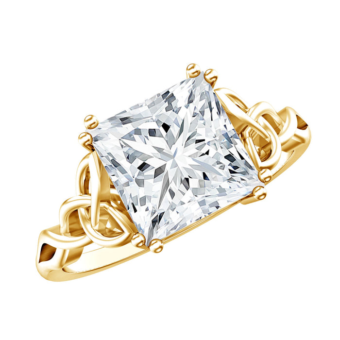 Moissanite princess cut engagement ring with Celtic knot design by Rosec Jewels, showcasing intricate band details and sparkling center stone.