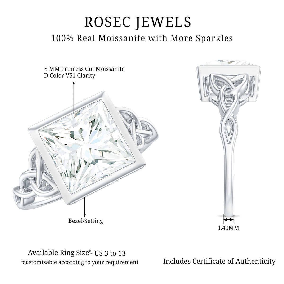Princess Cut Moissanite Celtic Engagement Ring in Bezel Setting