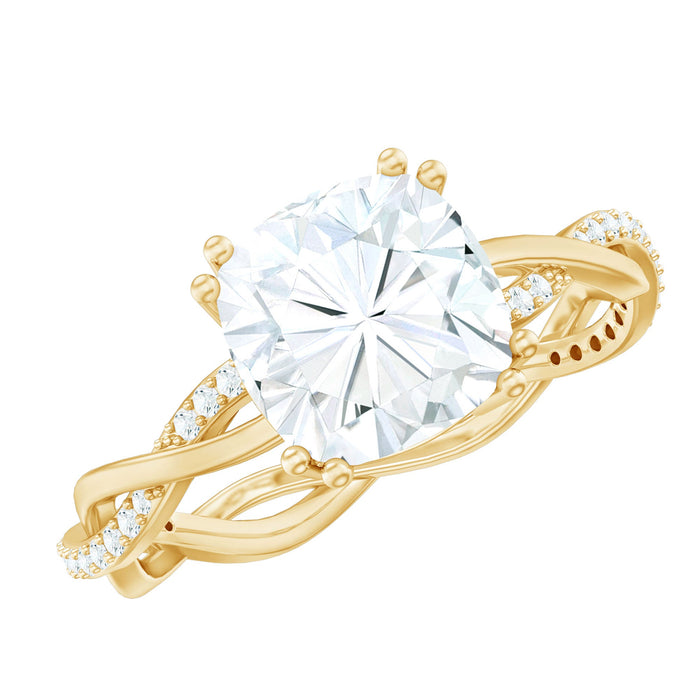 Cushion cut solitaire moissanite braided engagement ring with intricate band design, crafted by Rosec Jewels.
