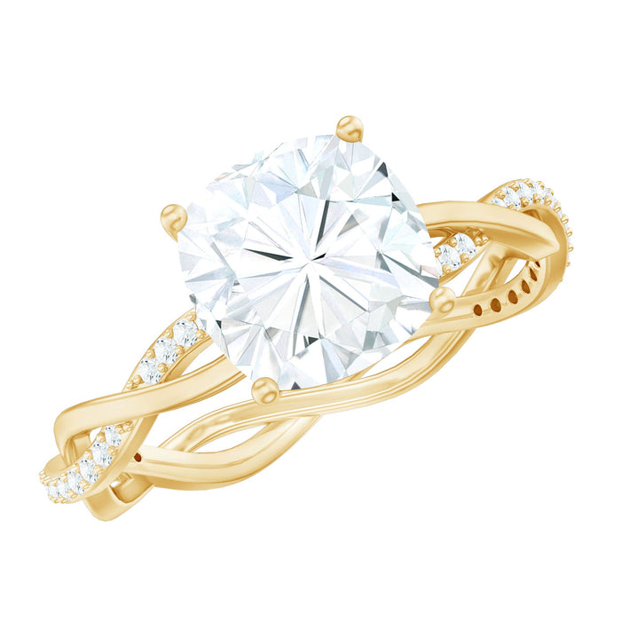 Three-carat moissanite cushion cut engagement ring with hidden halo setting, featuring a sparkling center stone and elegant band.