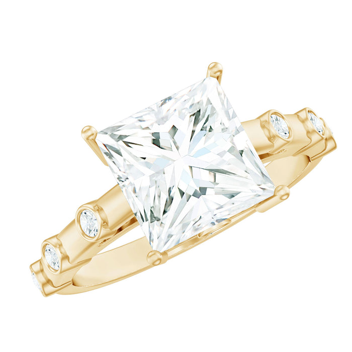 Rosec Jewels princess cut moissanite solitaire engagement ring with spaced accent detailing, showcasing a sparkling center stone and elegant design.