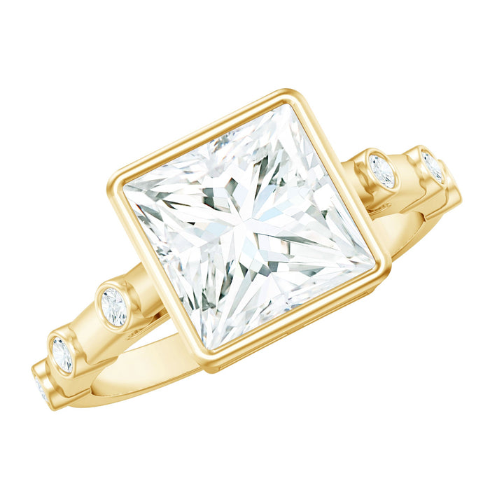 Bezel set moissanite princess cut engagement ring with spaced accent details from Rosec Jewels, shiny silver band, close-up view