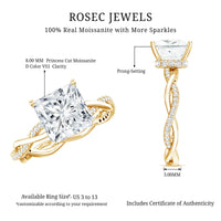 Certified 3 Carat Moissanite Princess Cut Engagement Ring with Braided Shank
