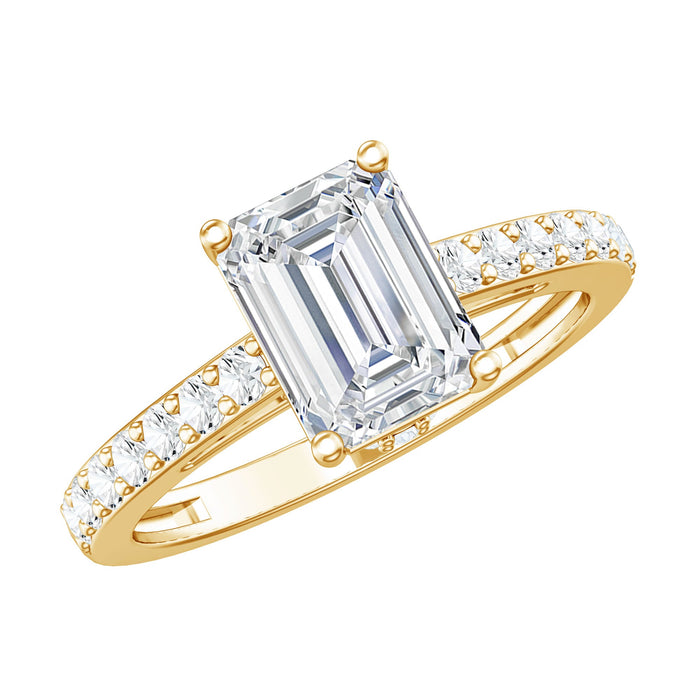 Elegant moissanite emerald cut engagement ring with hidden halo from Rosec Jewels, showcasing a sparkling stone and intricate band design.