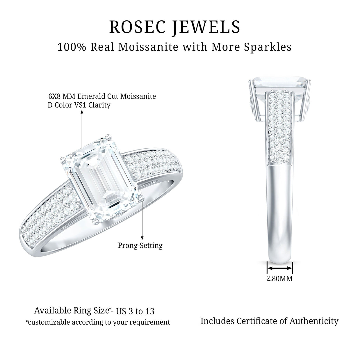Elegant emerald cut moissanite side stone engagement ring with a platinum band, featuring detailed craftsmanship by Rosec Jewels.