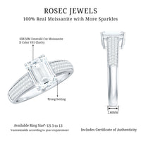 Elegant emerald cut moissanite side stone engagement ring with a platinum band, featuring detailed craftsmanship by Rosec Jewels.