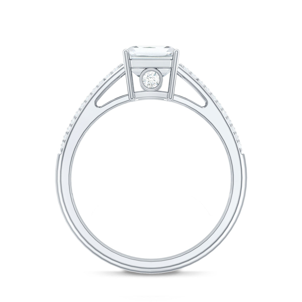 Emerald cut moissanite side stone engagement ring by Rosec Jewels with a central emerald cut moissanite and side stones on a silver band.