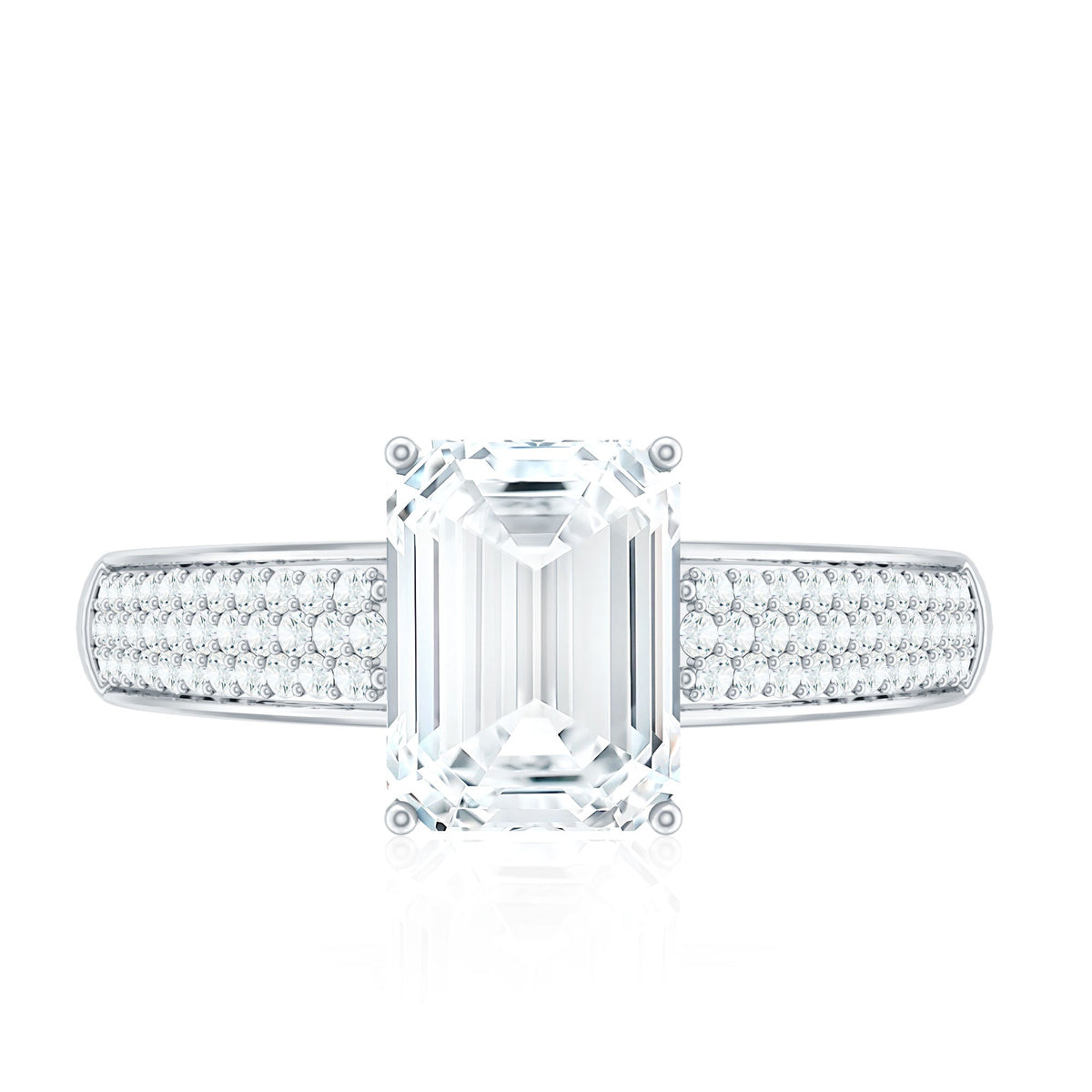 Emerald cut moissanite side stone engagement ring from Rosec Jewels featuring a central gemstone and side stones on a silver band.