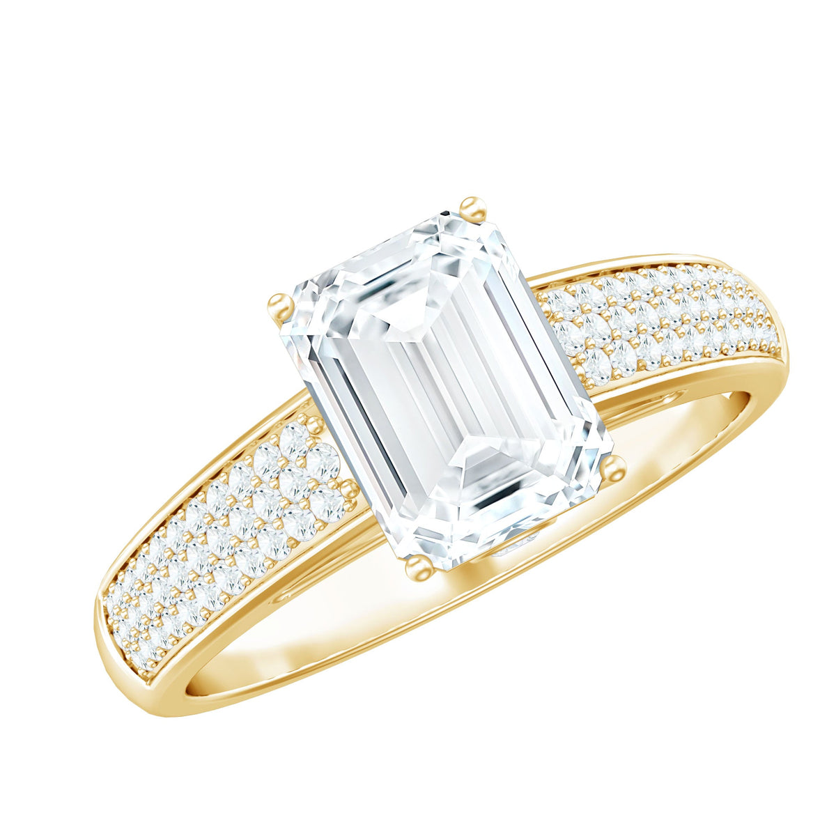 Emerald cut moissanite side stone engagement ring by Rosec Jewels featuring a sleek band and sparkling center gemstone.