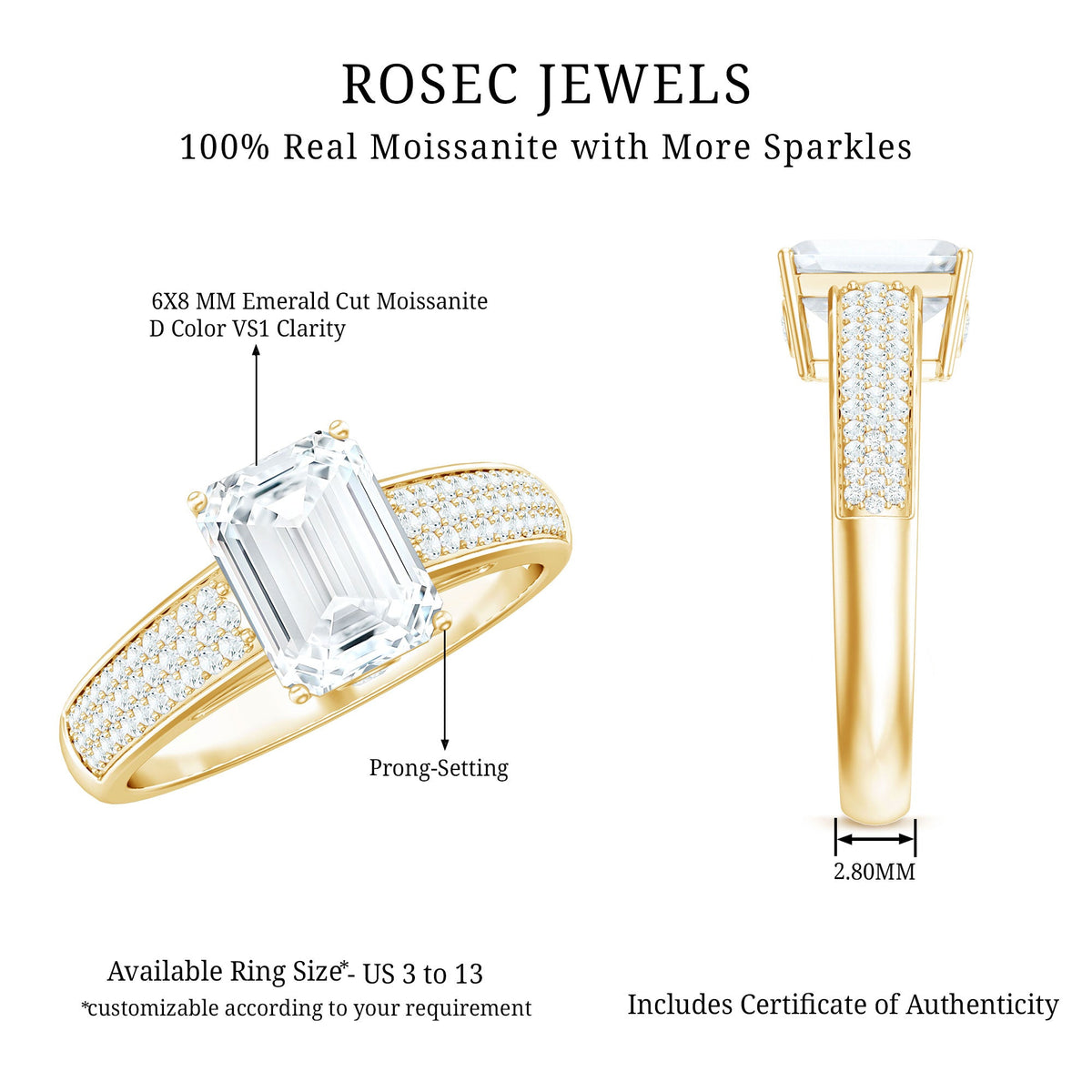 Emerald cut moissanite side stone engagement ring from Rosec Jewels with a detailed platinum band and sparkling center stone.