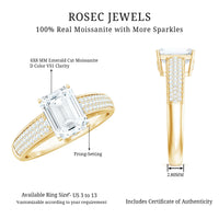 Emerald cut moissanite side stone engagement ring from Rosec Jewels with a detailed platinum band and sparkling center stone.