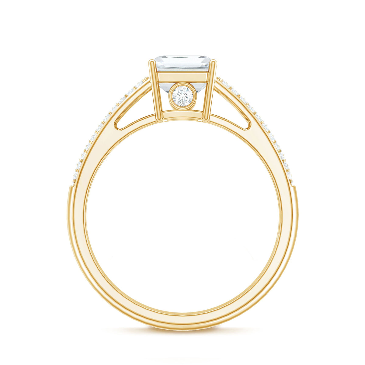 Emerald cut moissanite side stone engagement ring with a central gem and additional stones on a silver band, crafted by Rosec Jewels.