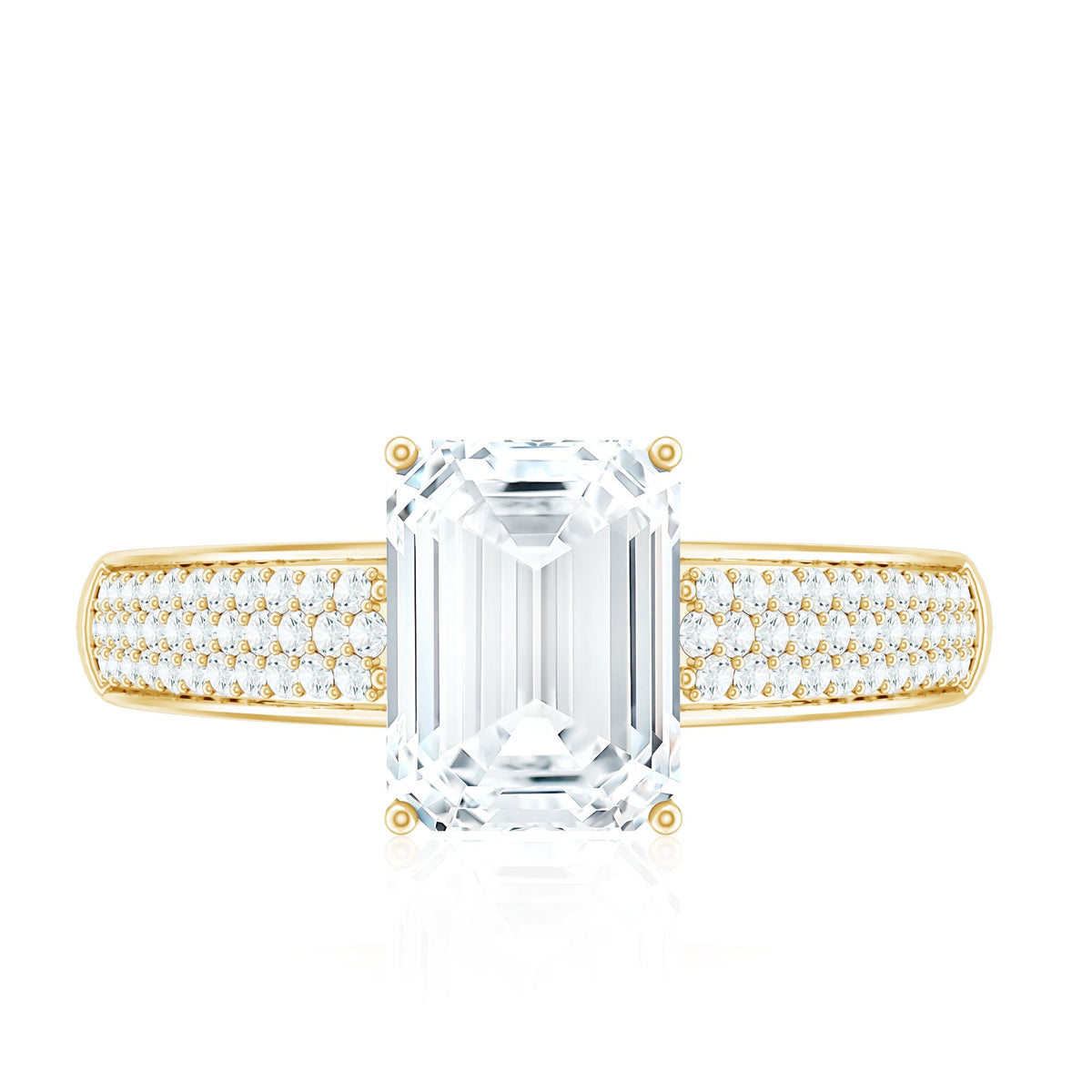 Emerald cut moissanite side stone engagement ring from Rosec Jewels featuring a central gemstone and side stones in a elegant band.