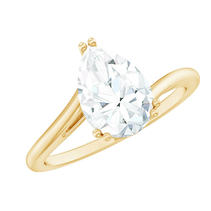 Pear-shaped engagement ring with certified moissanite set in a Rosec Jewels ring, showcasing a sparkling center stone and elegant band.