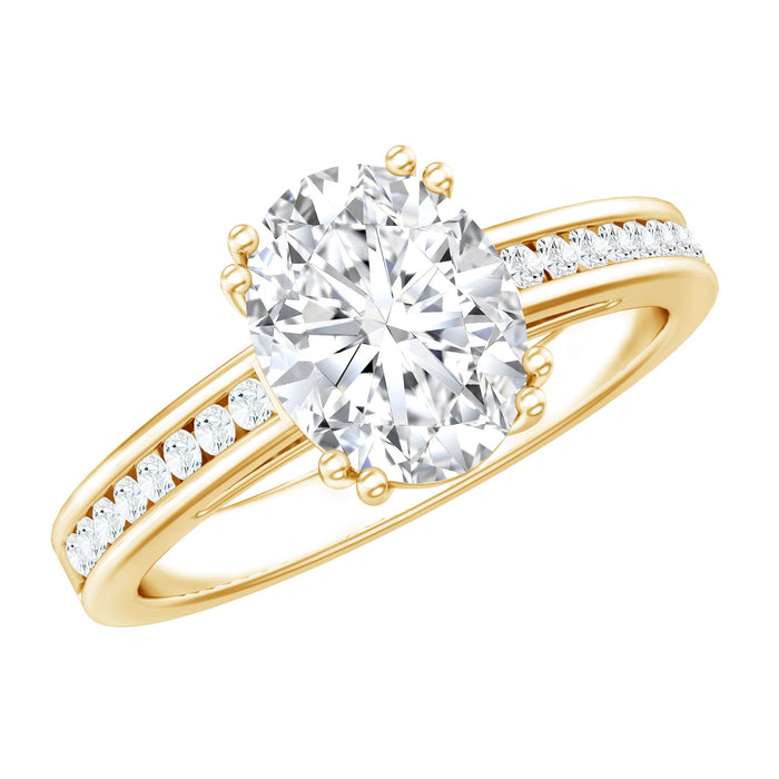 Certified Moissanite oblong engagement ring in double prong setting, featuring a sparkling gemstone and elegant band design.