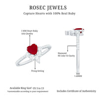 Natural 0.6 carat ruby heart promise ring with diamond accents for women, featuring rose gold band by Rosec Jewels.