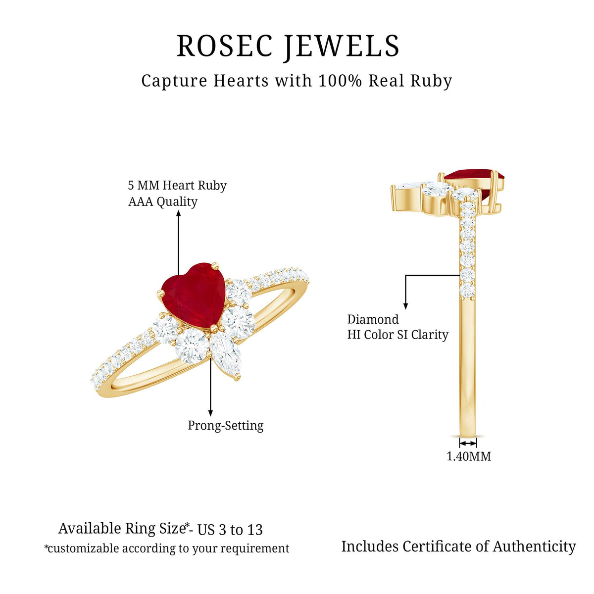Natural 0.6 carat ruby heart promise ring with diamond accents for women, featuring rose gold from Rosec Jewels.