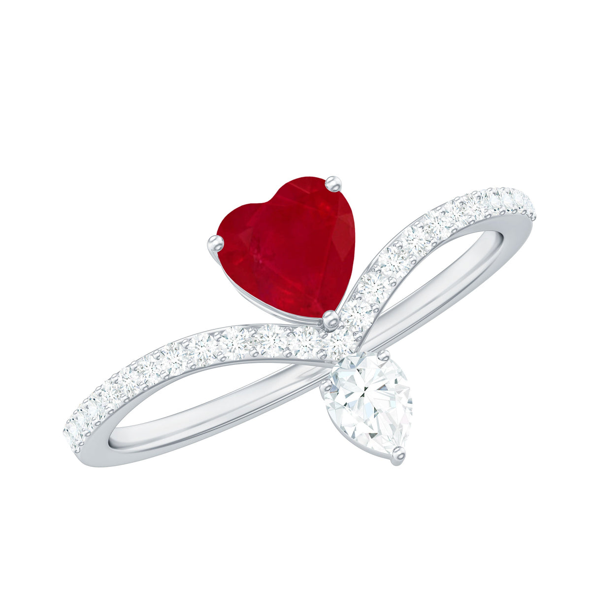 Natural 0.6 carat ruby heart promise ring with diamond chevron shank by Rosec Jewels, featuring a ruby heart centerpiece and elegant band.